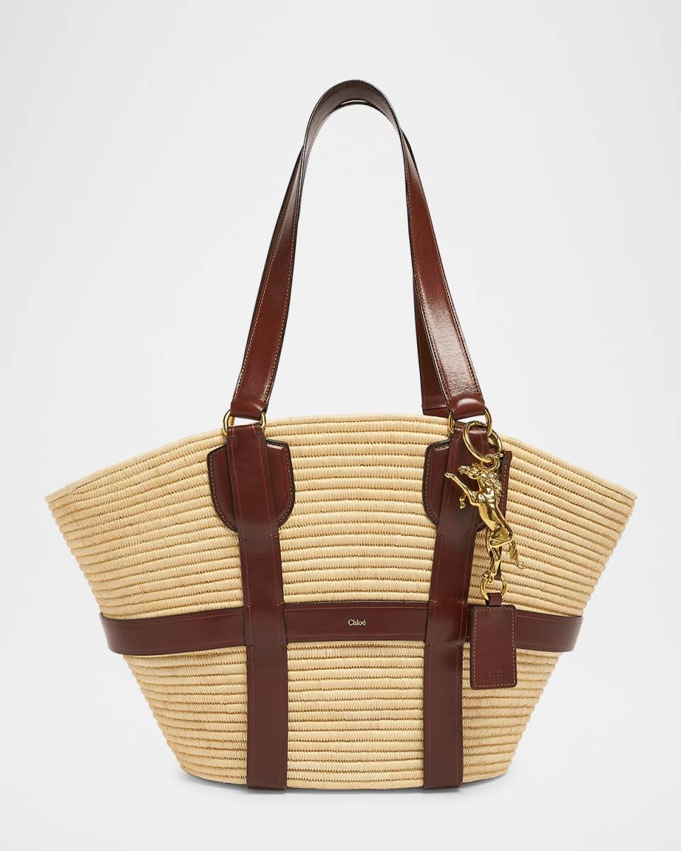 Kerala Large Basket Tote Bag in Fabric and Leather
